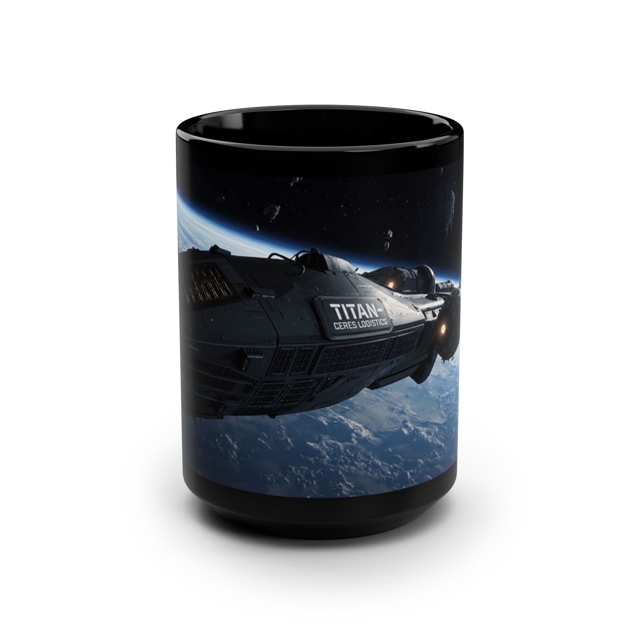 15oz Black Mug — Hard Sci‑Fi Ice Hauler Spacecraft Design
