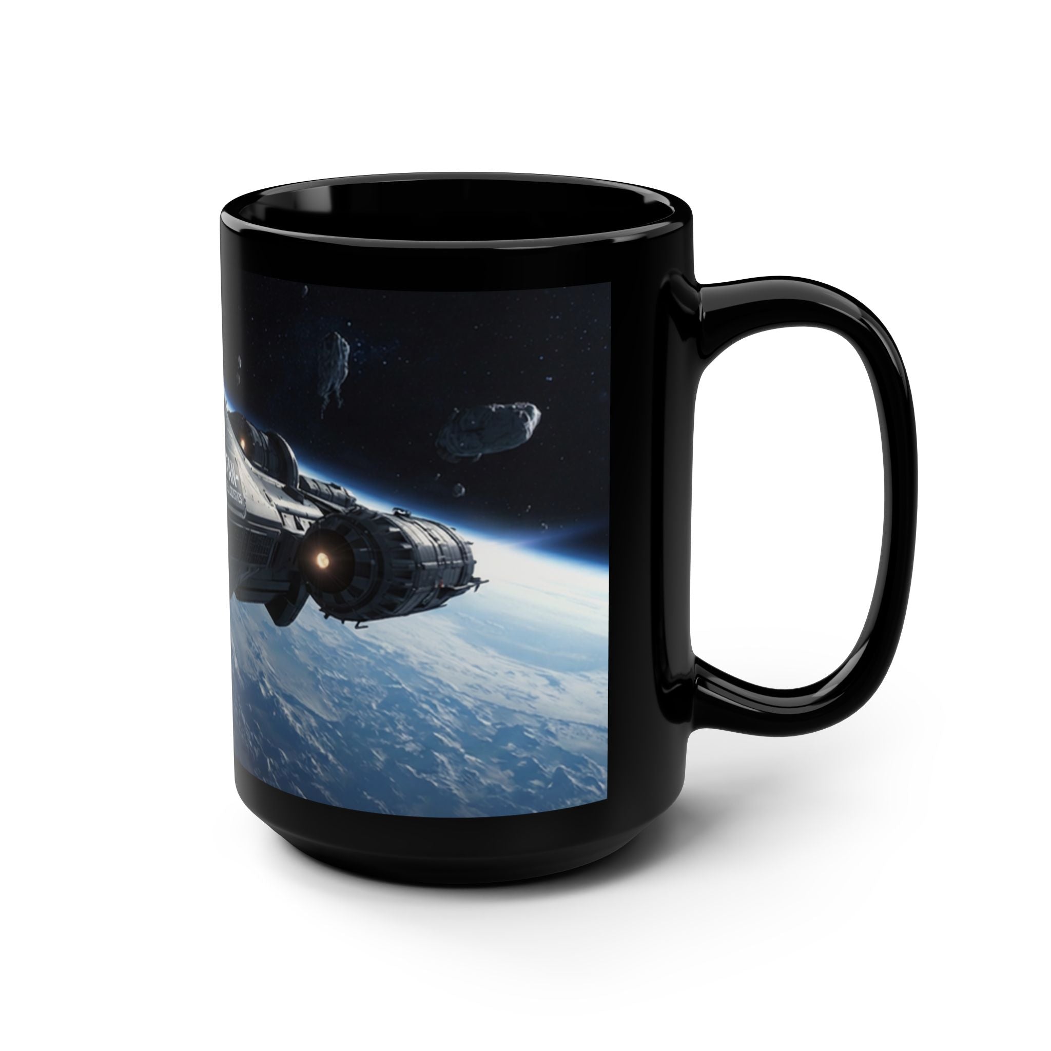 15oz Black Mug — Hard Sci‑Fi Ice Hauler Spacecraft Design