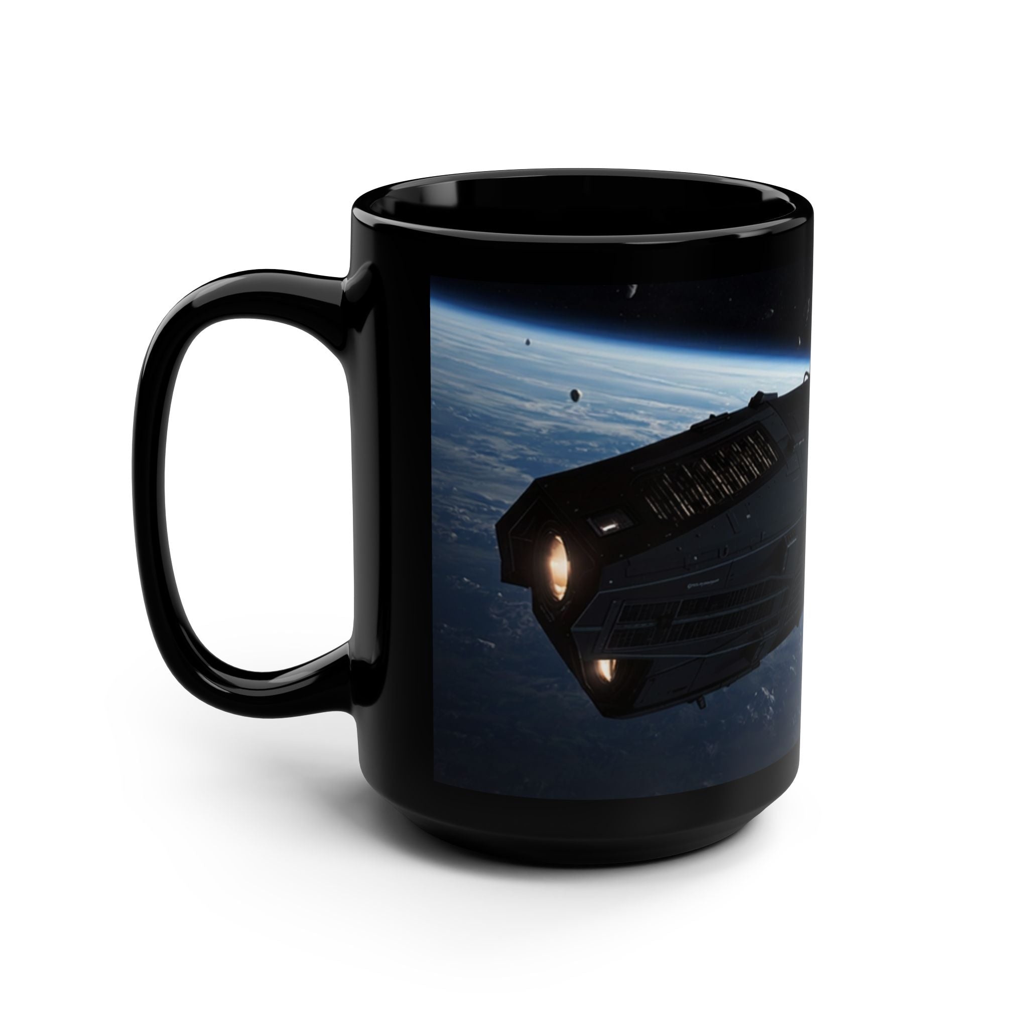 15oz Black Mug — Hard Sci‑Fi Ice Hauler Spacecraft Design